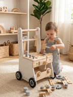 Trotteur pousseur pour bébé en bois avec établi, 2-en-1 | Fioriscas