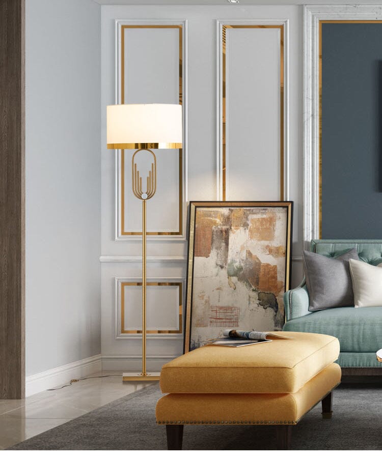 Aurelia Gold Floor Lamp in Art Deco Style, Fabric Shade & Remote