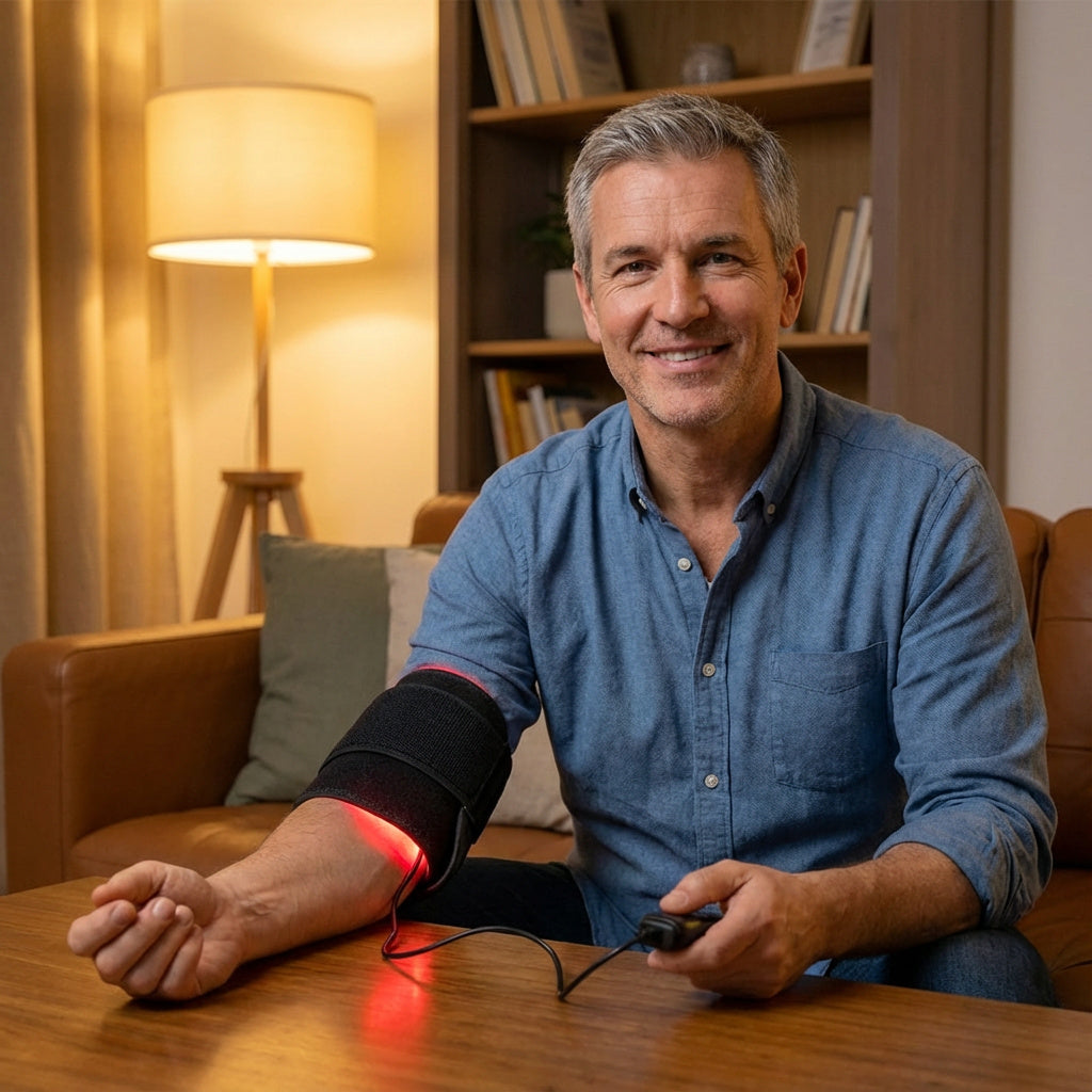 Ellebooggewrichtsondersteuning met rood en nabij-infraroodlichtpad