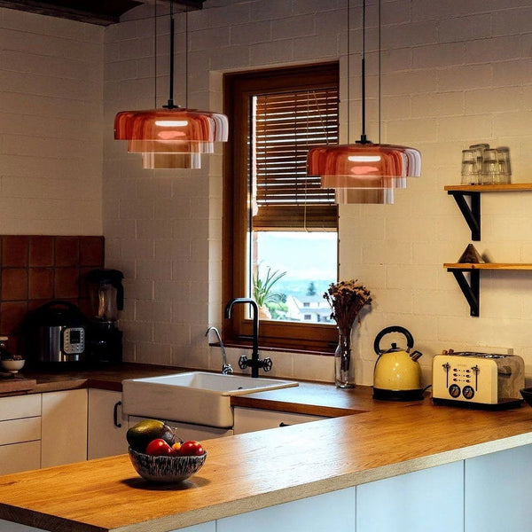 FjordLumen glazen hanglamp, warme ledgloed, ontwerp met meerdere niveaus