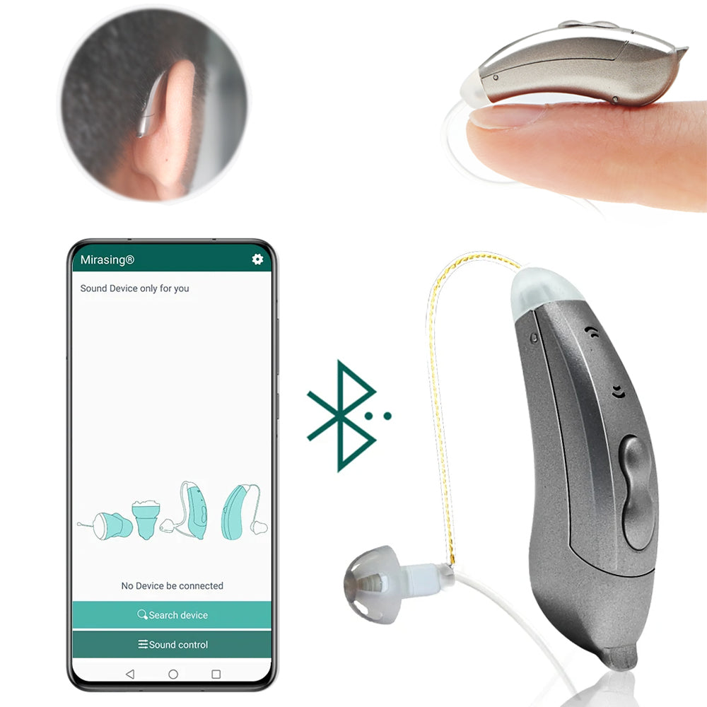 Dispositivo acustico Bluetooth elegante con controllo tramite app per anziani