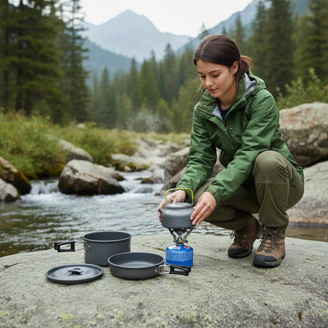 Set de gătit ușor din aluminiu pentru camping și aventuri în aer liber | Fioriscas