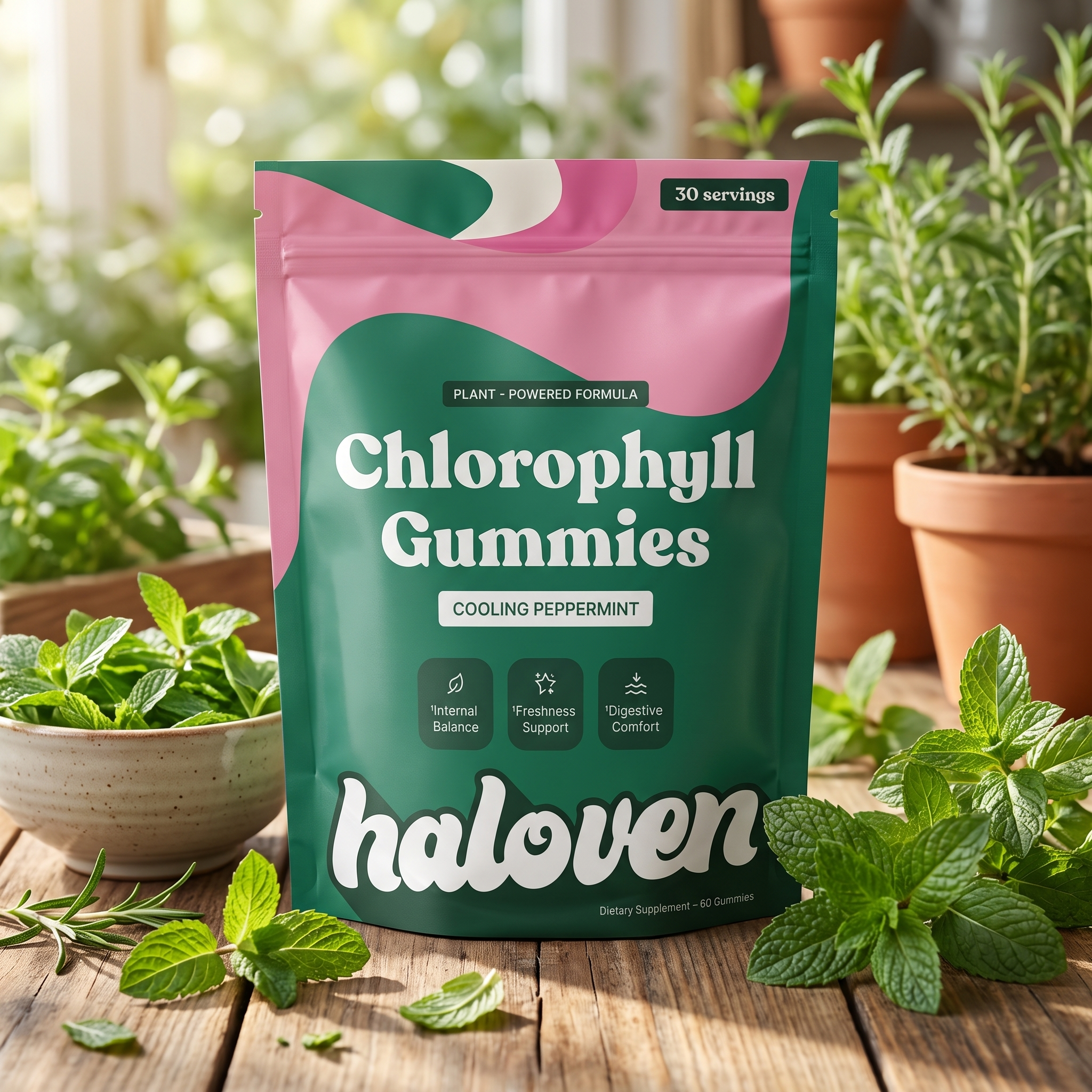 Daglige klorofyl-gummies til frisk ånde og støtte til tarmens velvære