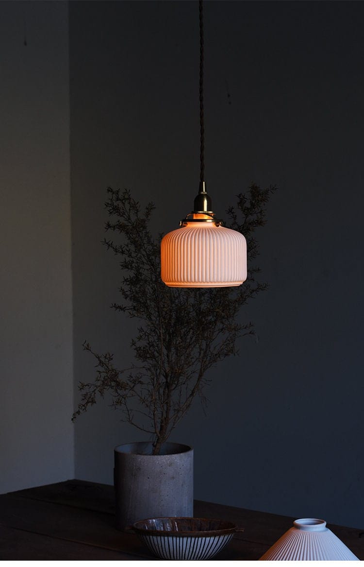 Kiyomi Ceramic Pendant, Ribbed Japanese-Style Lamp, LED Included