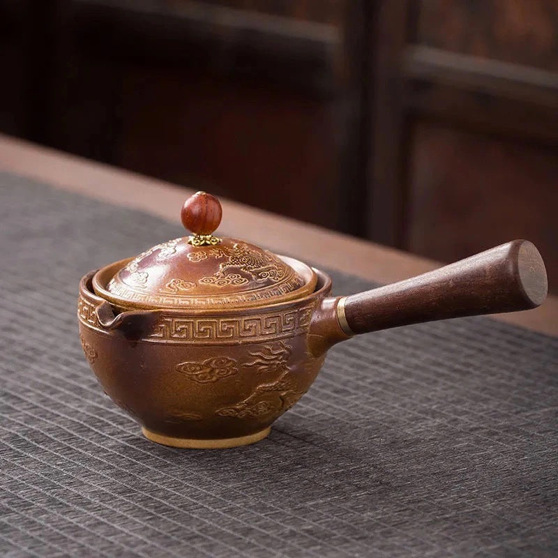 Five-Piece Rotating Ceramic Gongfu Tea Set With Bamboo Tray