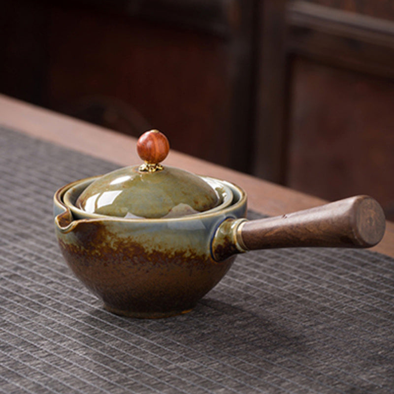 Five-Piece Rotating Ceramic Gongfu Tea Set With Bamboo Tray