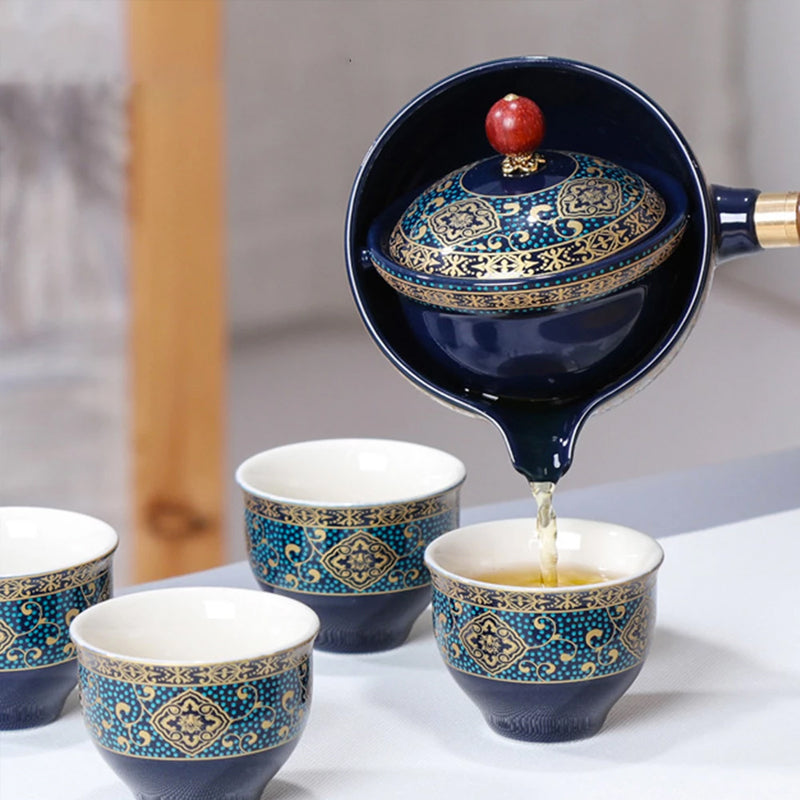 Five-Piece Rotating Ceramic Gongfu Tea Set With Bamboo Tray