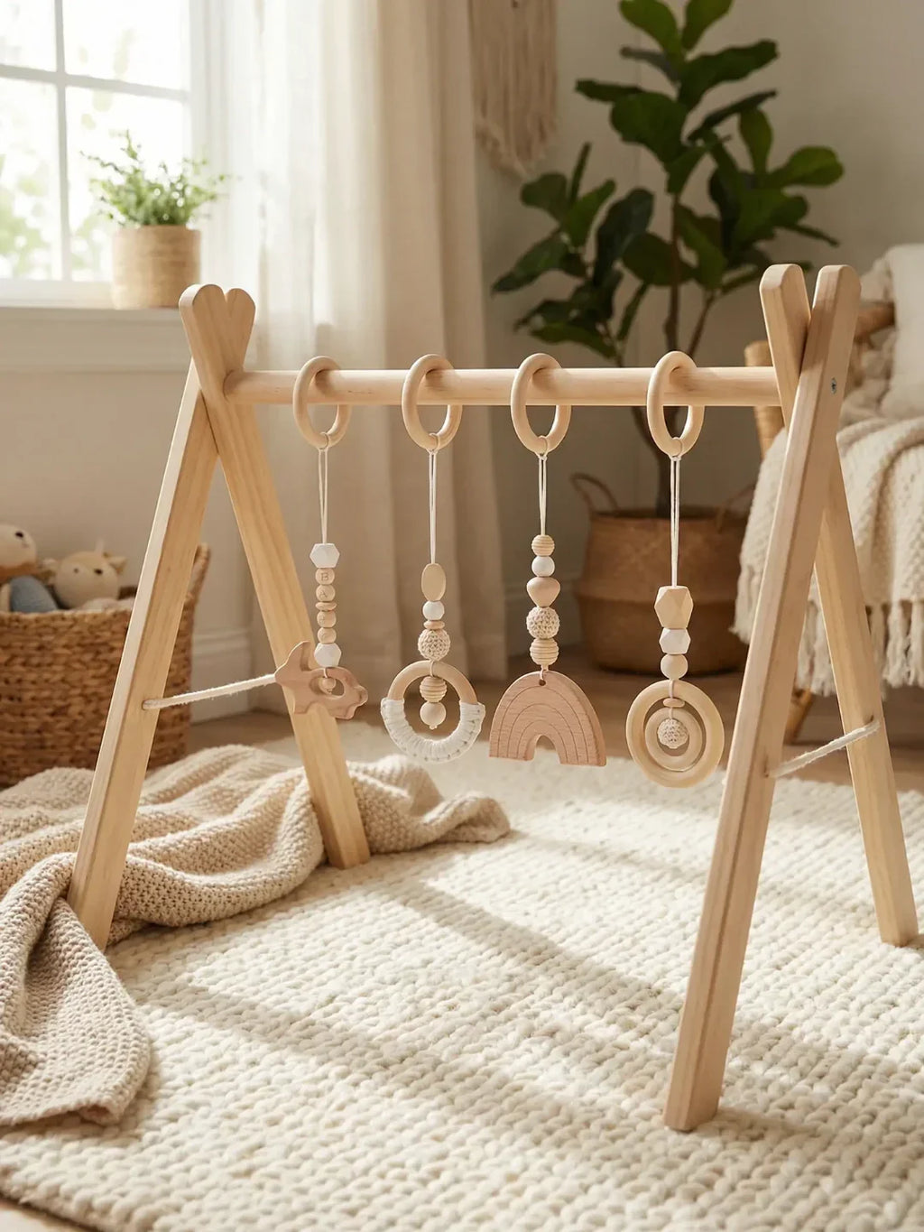 Lekesett til babygym i tre, fire heklede hengende leker