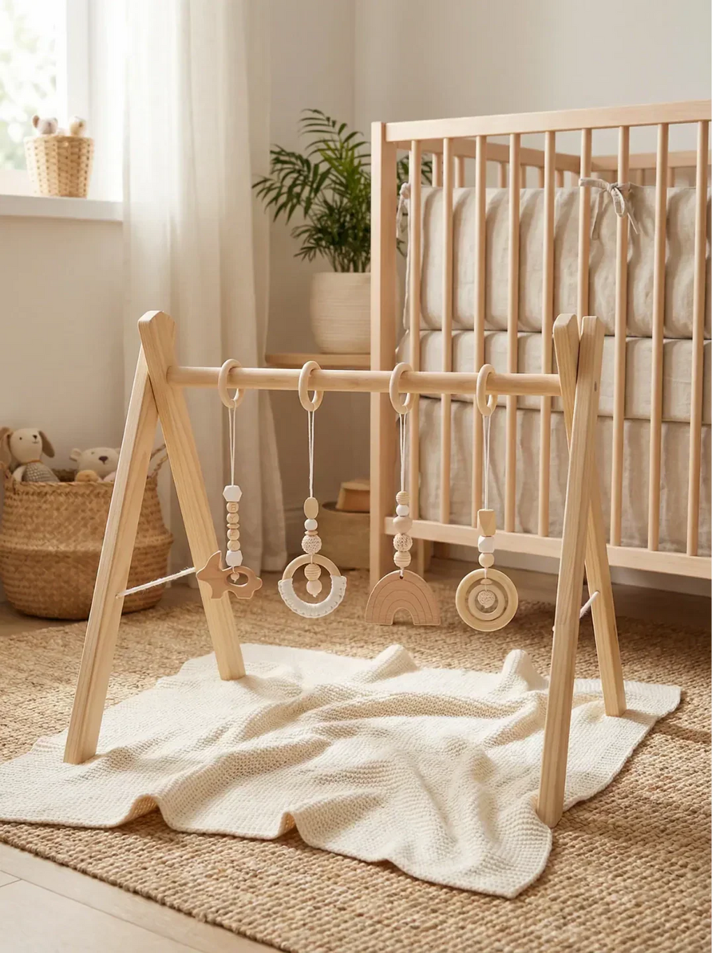 Lekesett til babygym i tre, fire heklede hengende leker