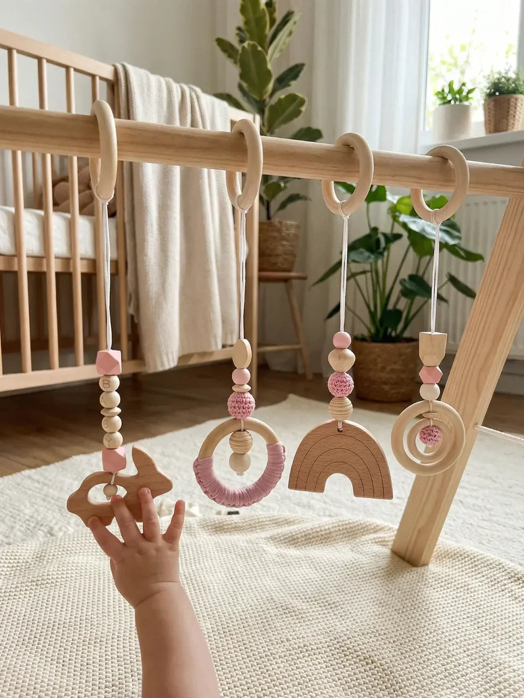 Lekesett til babygym i tre, fire heklede hengende leker