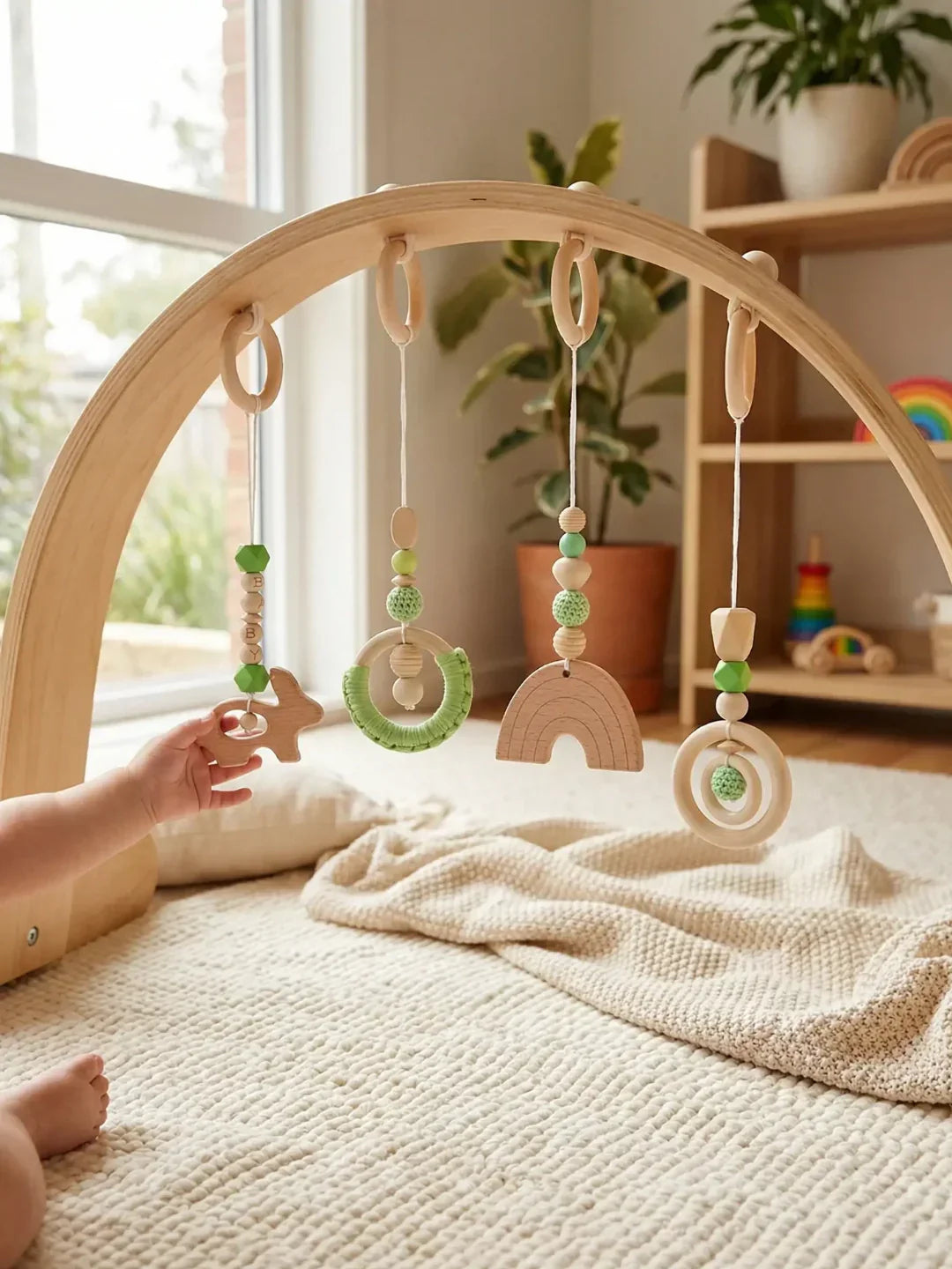 Lekesett til babygym i tre, fire heklede hengende leker