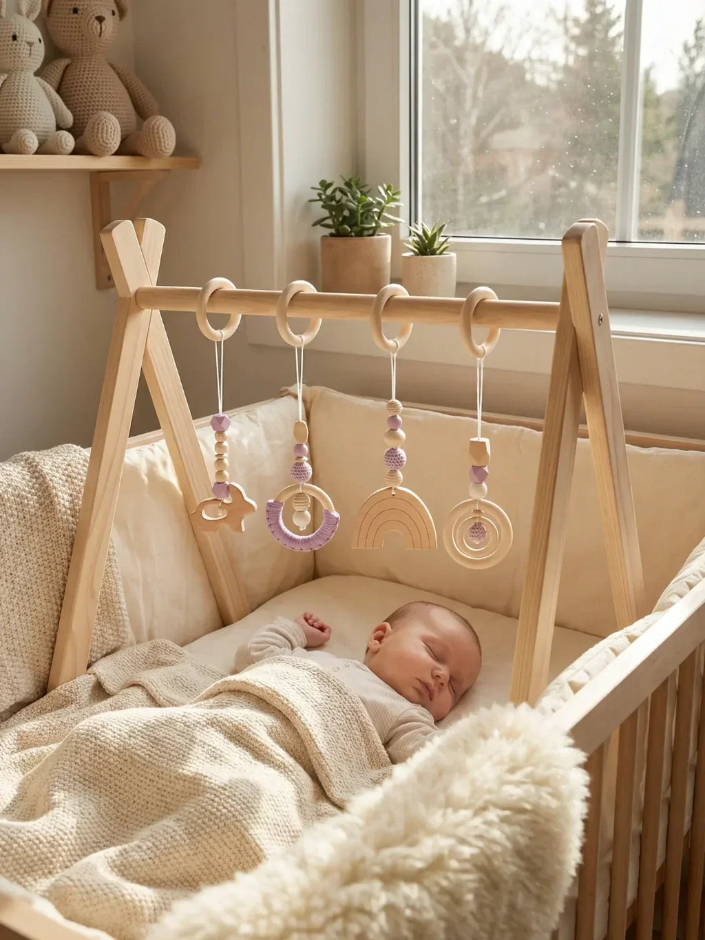 Lekesett til babygym i tre, fire heklede hengende leker