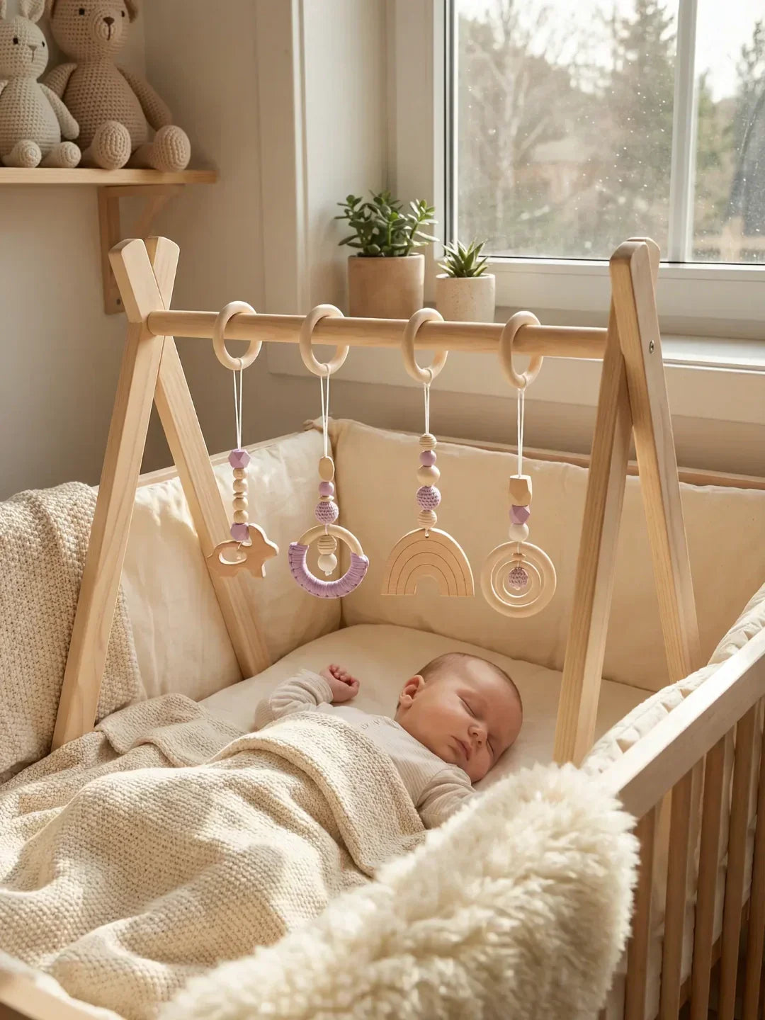 Lekesett til babygym i tre, fire heklede hengende leker