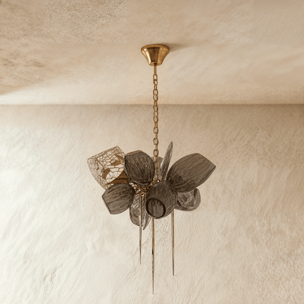 Lampadario Aurelia in vetro color cognac con globi soffiati a mano