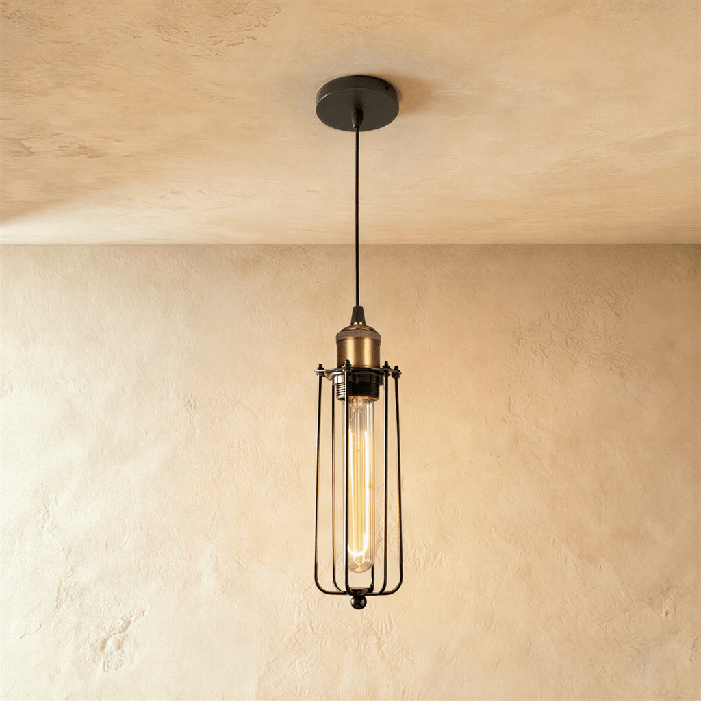 Lámpara colgante industrial ForgeFrame con jaula y bombillas Edison expuestas