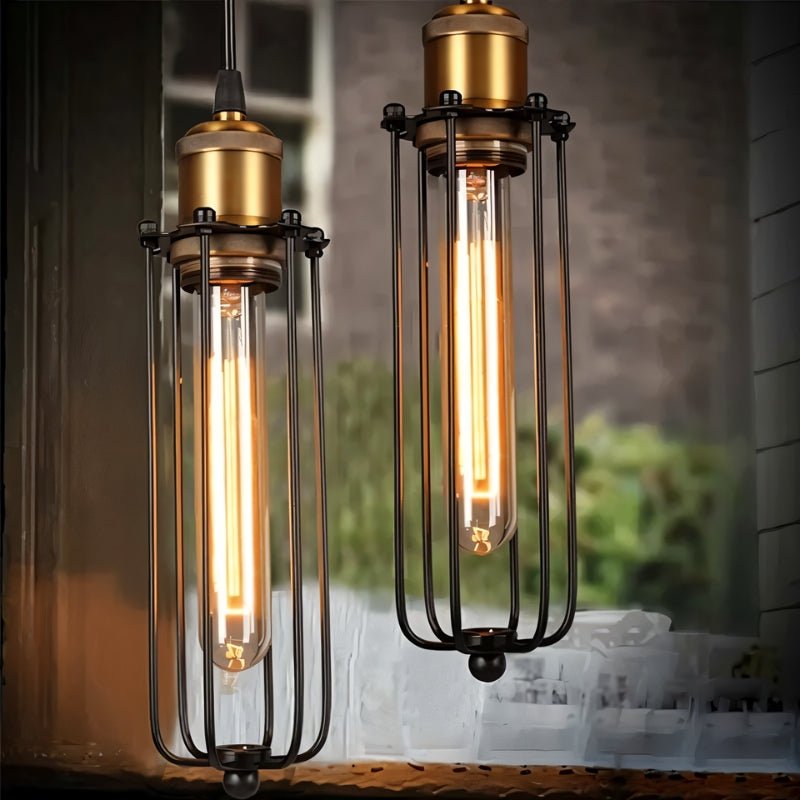 Lámpara colgante industrial ForgeFrame con jaula y bombillas Edison expuestas