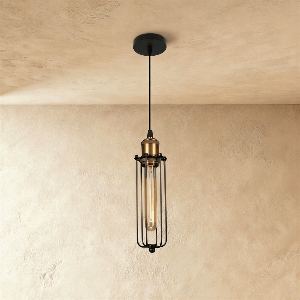 Lámpara colgante industrial ForgeFrame con jaula y bombillas Edison expuestas