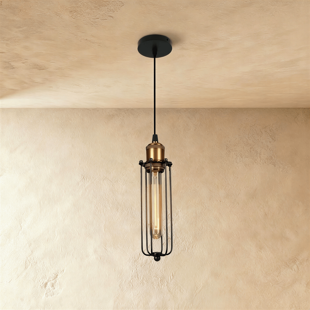 Lámpara colgante industrial ForgeFrame con jaula y bombillas Edison expuestas