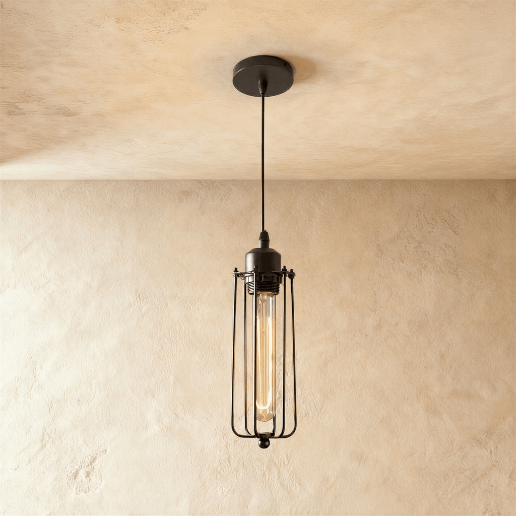 Lámpara colgante industrial ForgeFrame con jaula y bombillas Edison expuestas