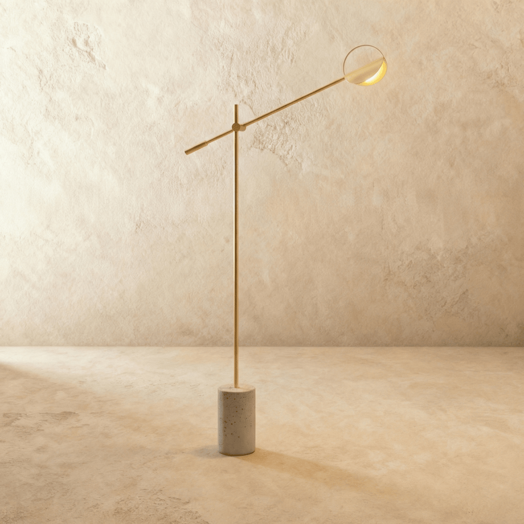 Terra Disc sochařská stojací lampa s nastavitelným ramenem a diskovým stínidlem