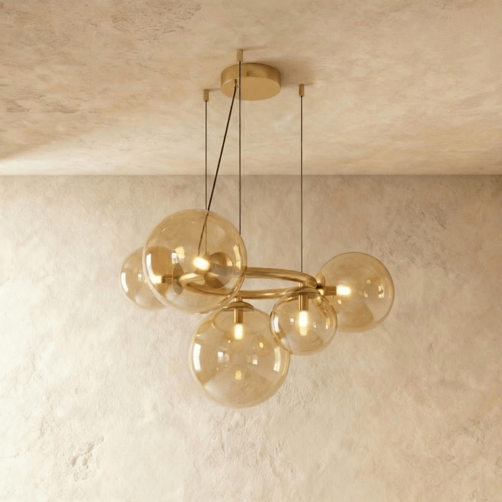 LumaOrbis orb-ljuskrona med LED-glasbollar på metallring