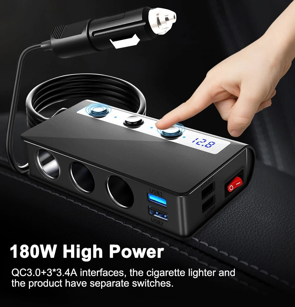 Chargeur de voiture NovaCharge 180 W à charge rapide, ports USB et allume-cigare