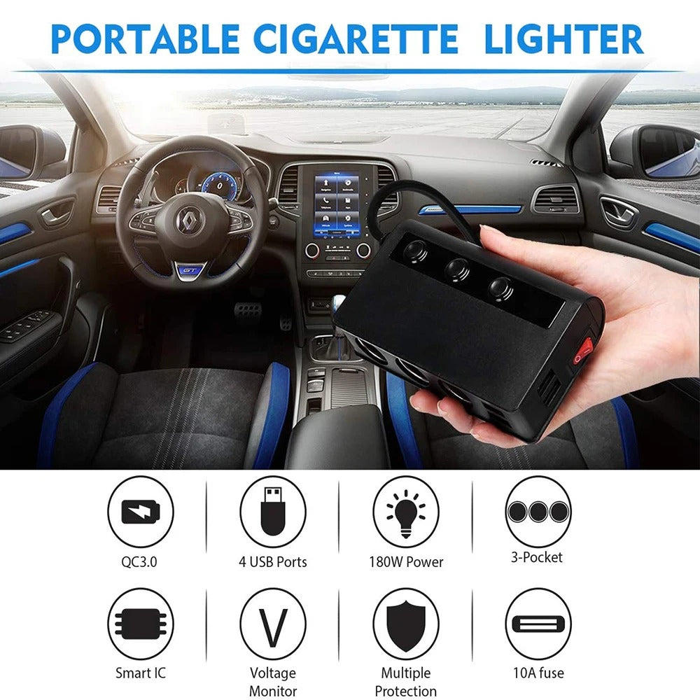 Chargeur de voiture NovaCharge 180 W à charge rapide, ports USB et allume-cigare