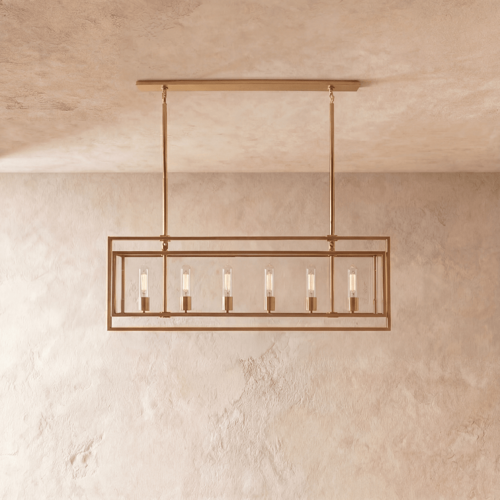 Lampadario lanterna lineare moderno AeroLumen con pannelli di vetro sospesi