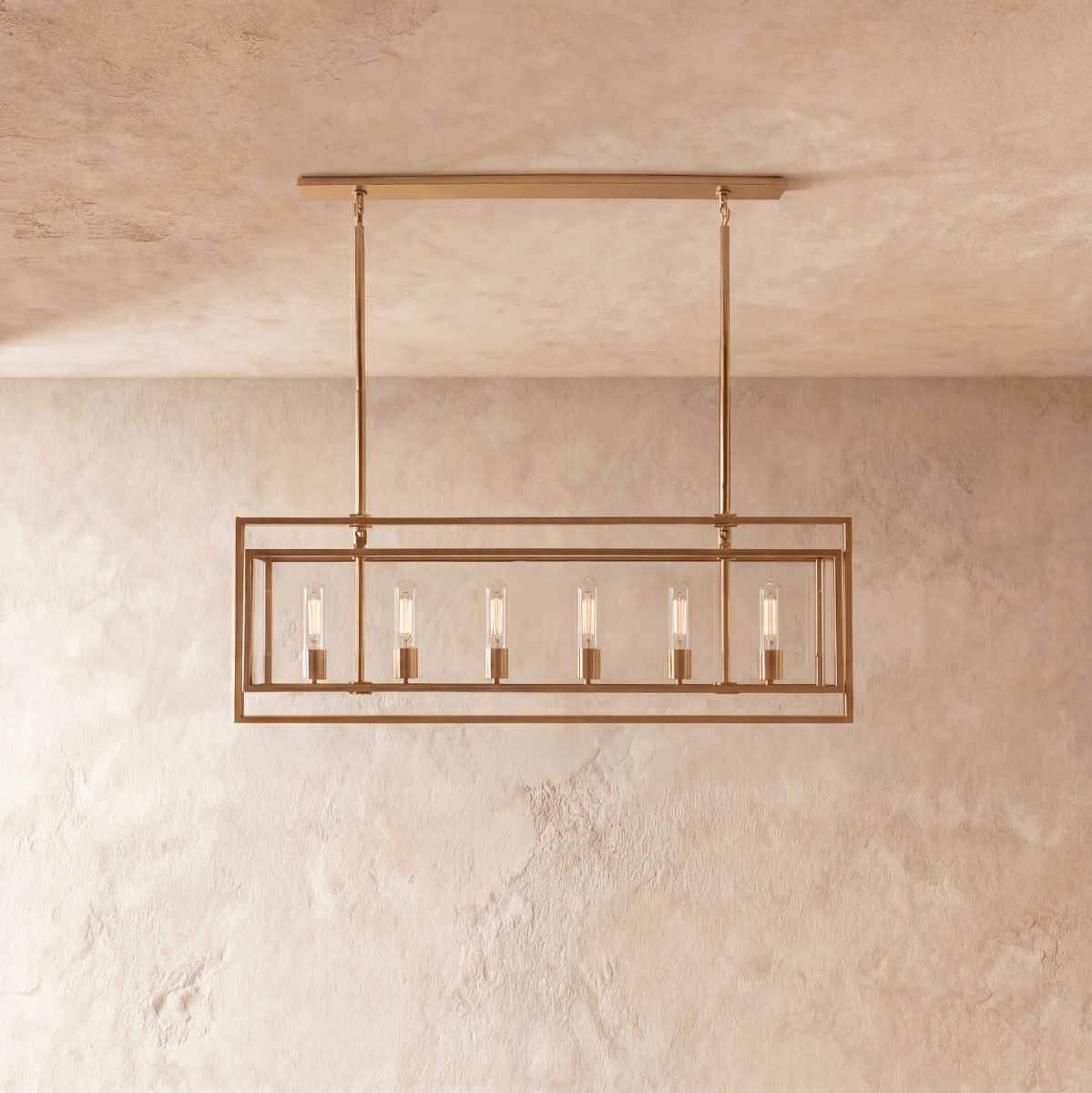 Lampadario lanterna lineare moderno AeroLumen con pannelli di vetro sospesi