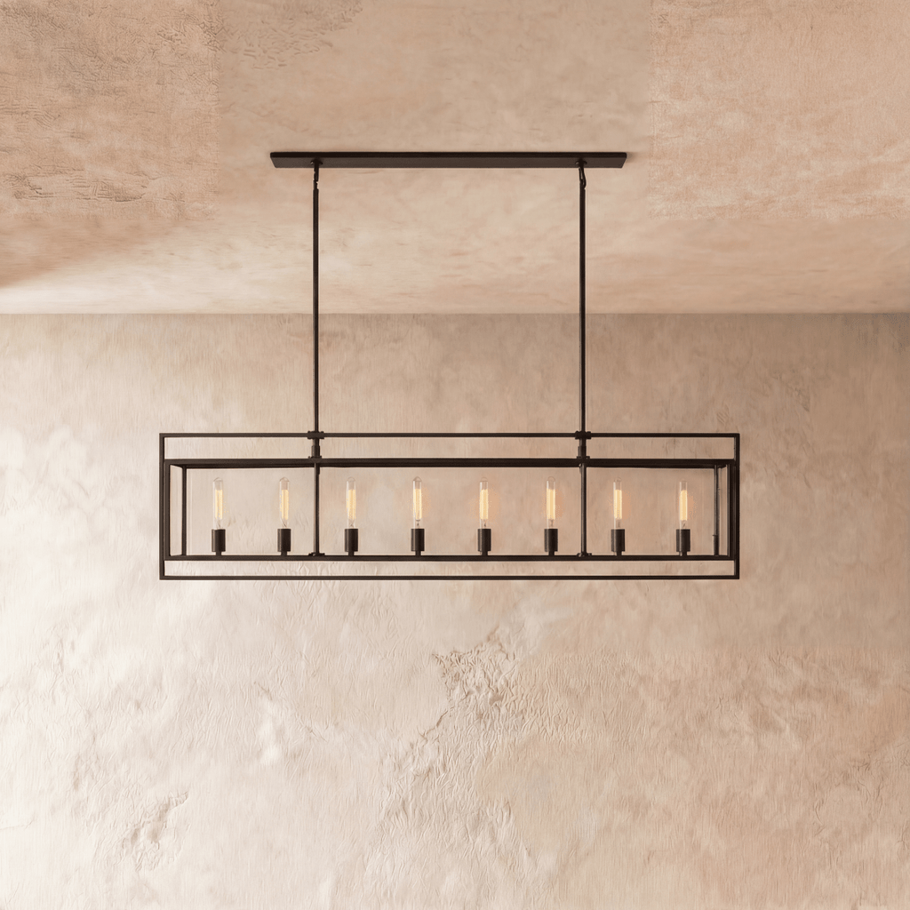 Lampadario lanterna lineare moderno AeroLumen con pannelli di vetro sospesi