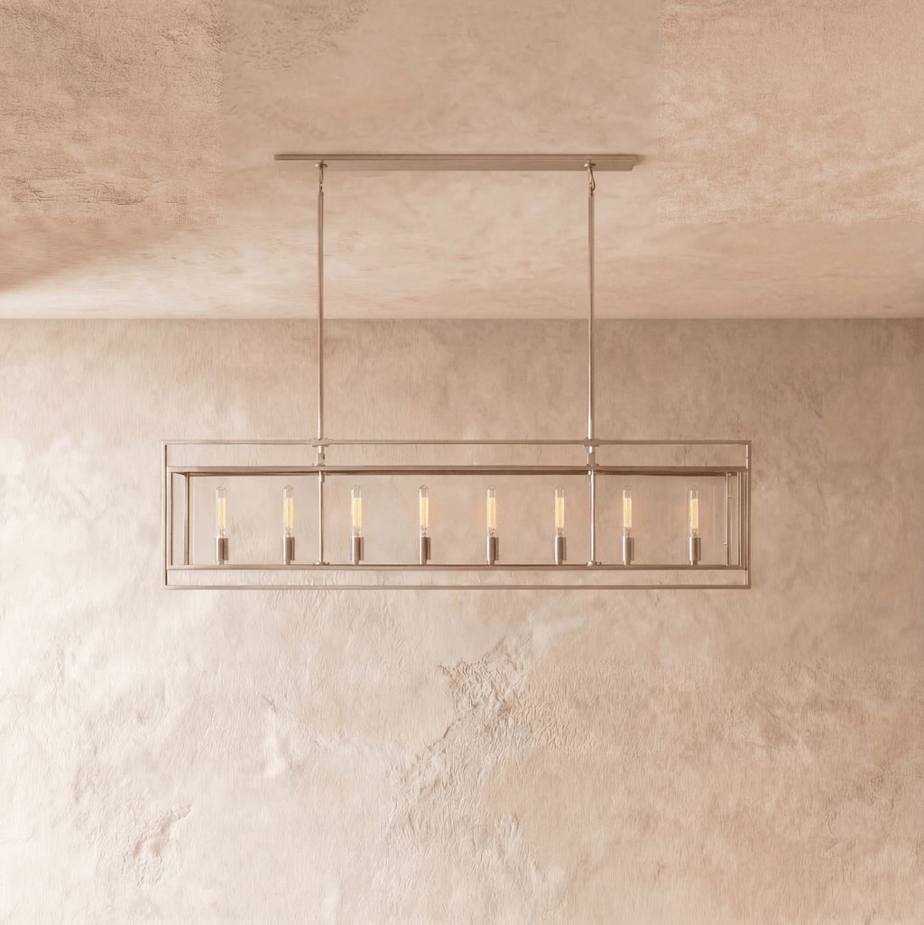 Lampadario lanterna lineare moderno AeroLumen con pannelli di vetro sospesi