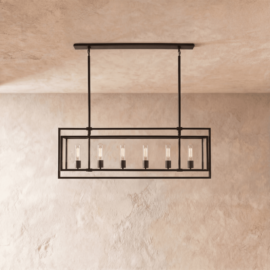 Lampadario lanterna lineare moderno AeroLumen con pannelli di vetro sospesi