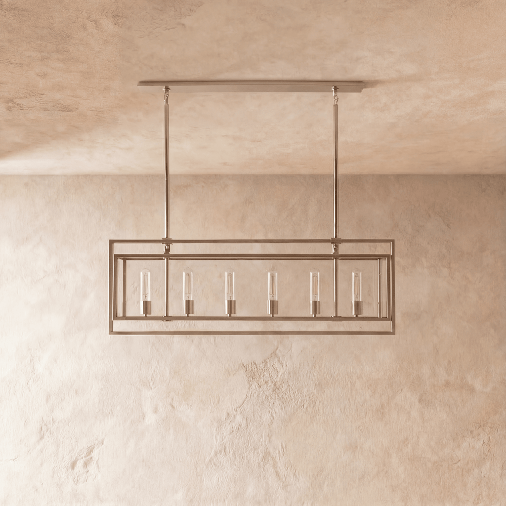 Lampadario lanterna lineare moderno AeroLumen con pannelli di vetro sospesi