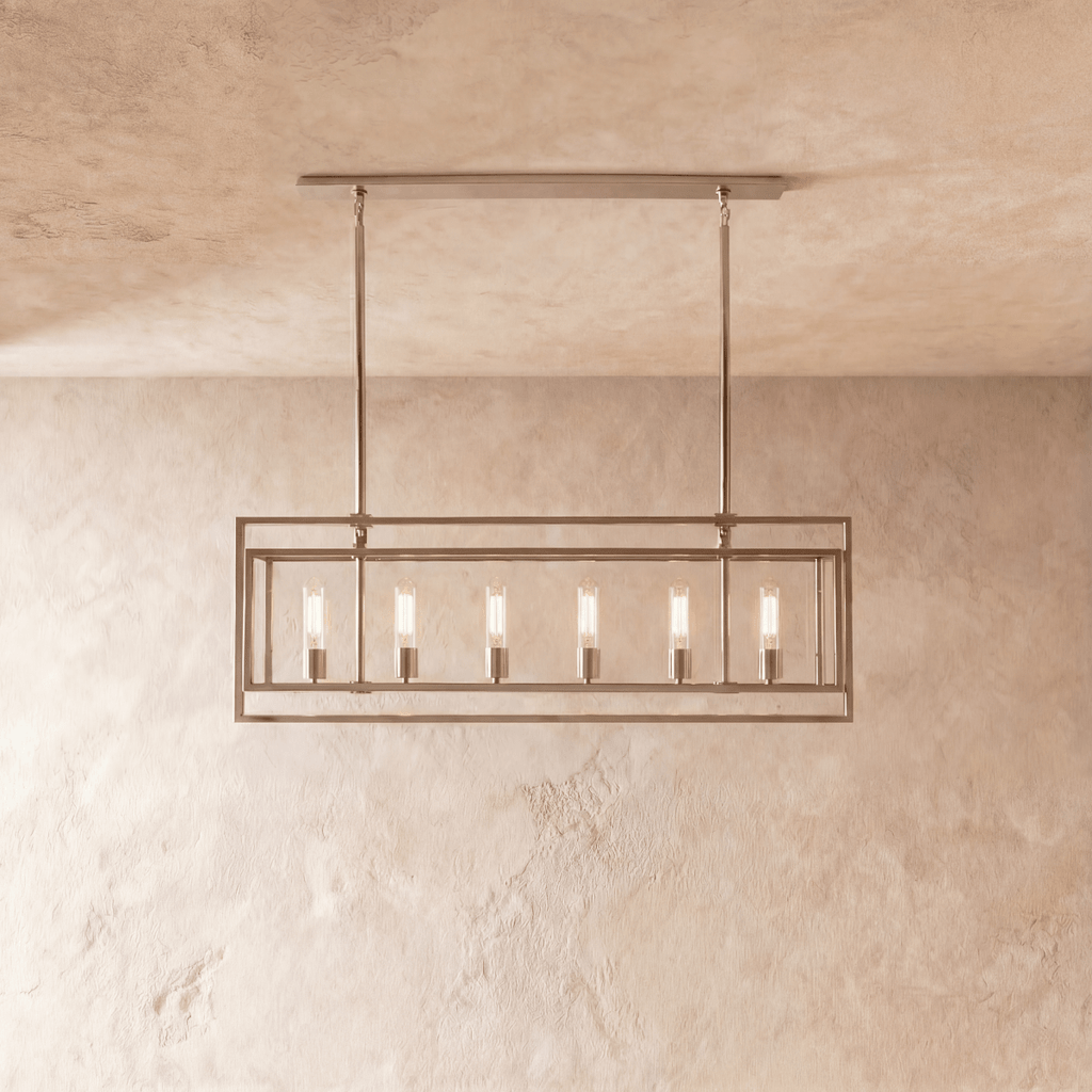 Lampadario lanterna lineare moderno AeroLumen con pannelli di vetro sospesi