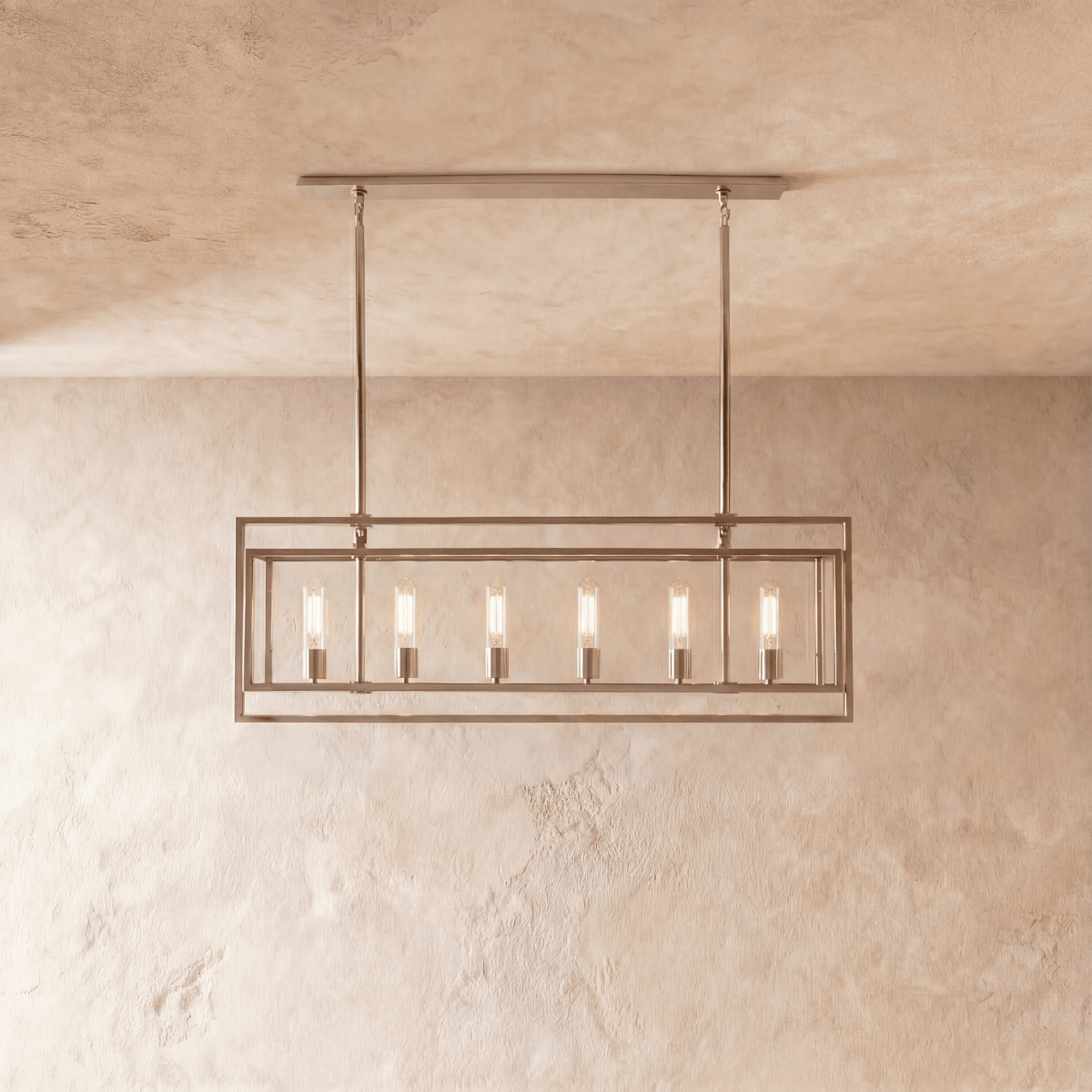 Lampadario lanterna lineare moderno AeroLumen con pannelli di vetro sospesi