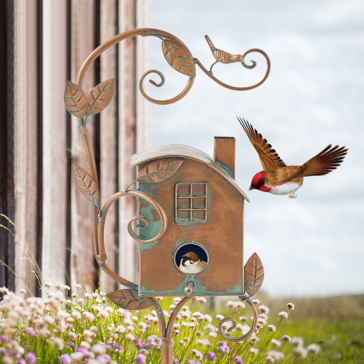 Metal Art Birdhouse on Garden Stake