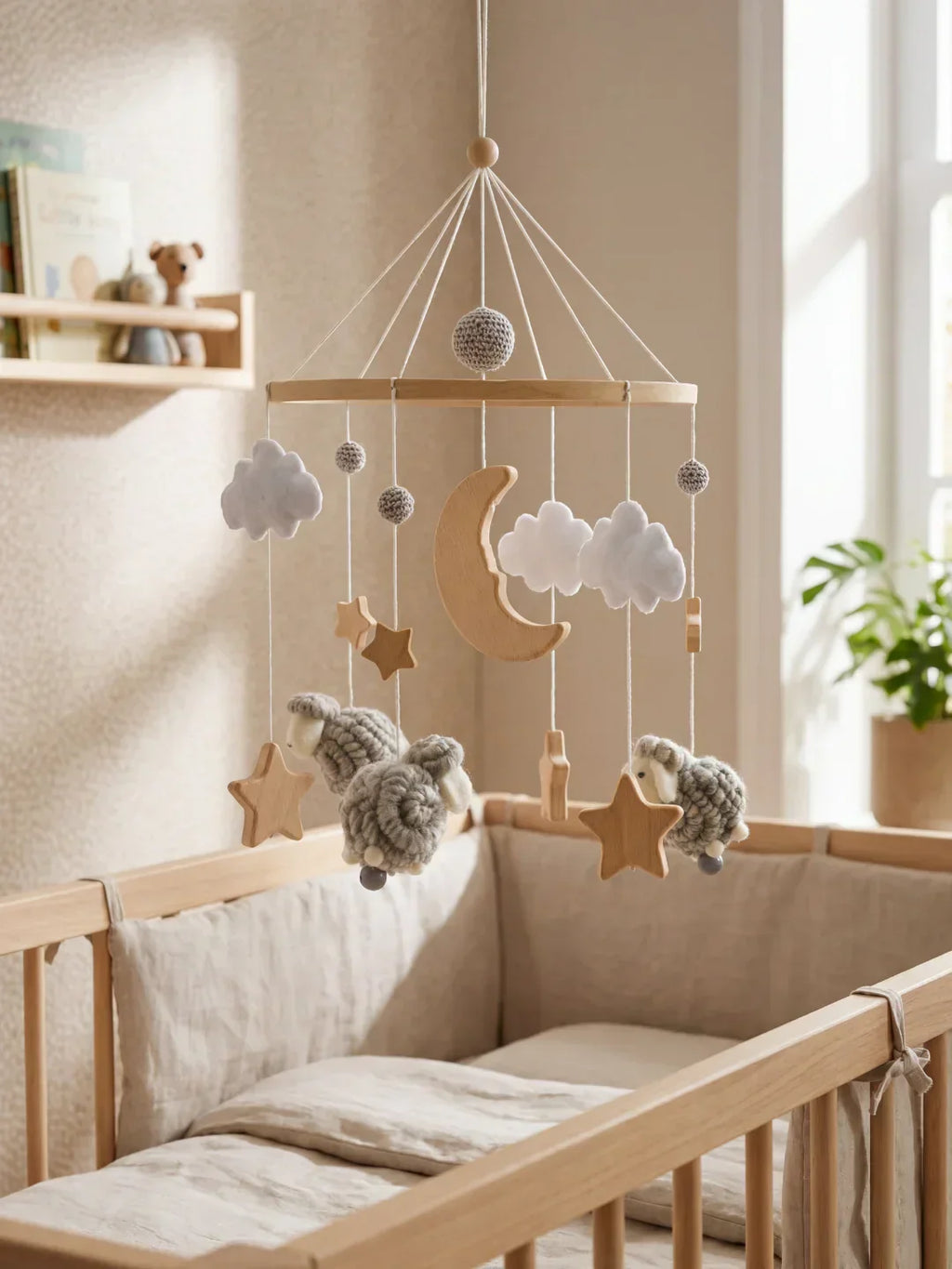Mobile in legno per lettino con pecorelle, per giochi sensoriali e sonno