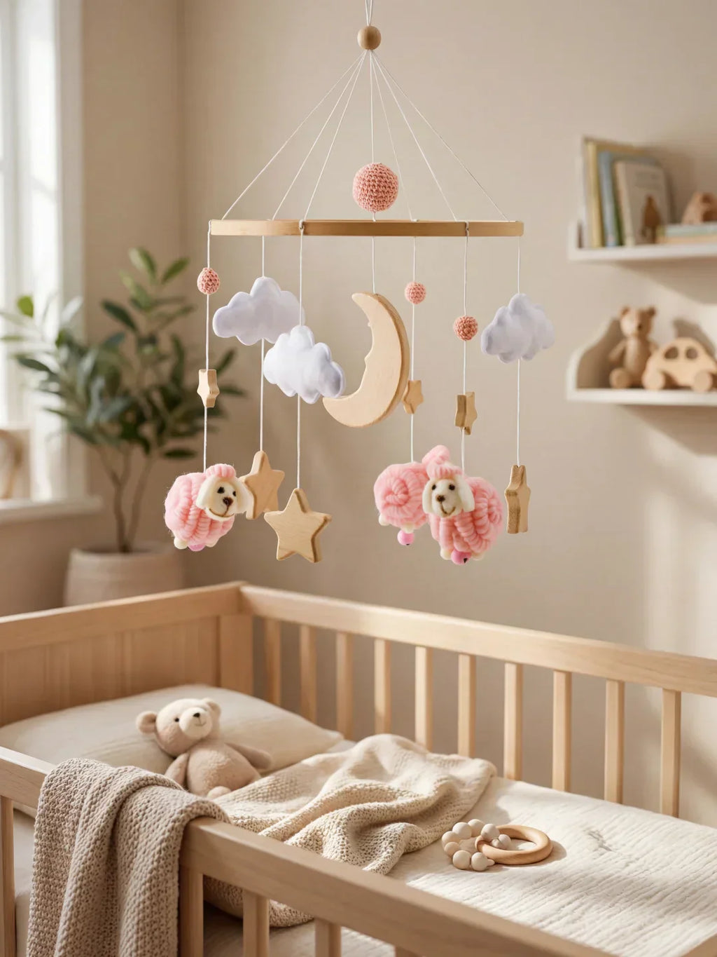 Mobile in legno per lettino con pecorelle, per giochi sensoriali e sonno