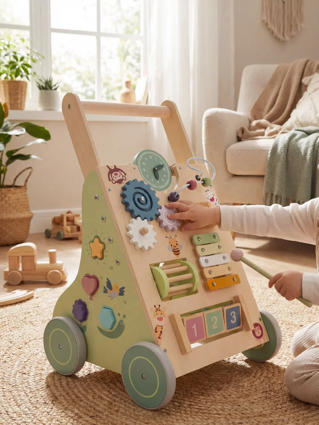 Trotteur d’activités premium en bois pour les premiers pas, le jeu sensoriel et l’apprentissage précoce | Fioriscas