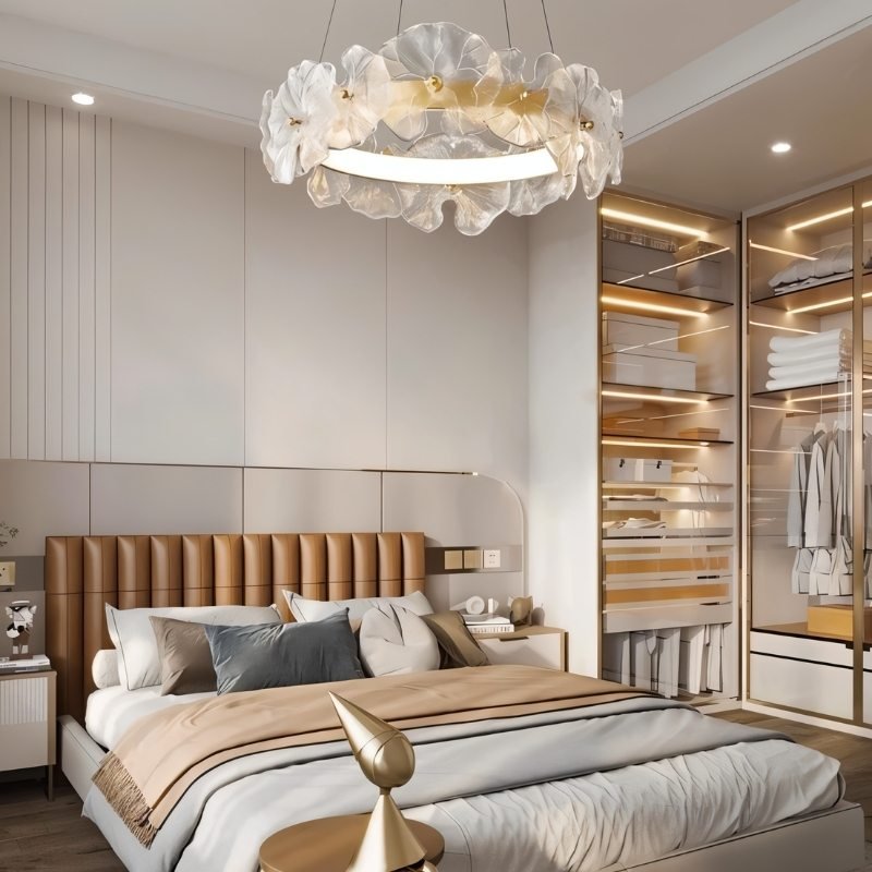 Petal Glass Chandelier With Sculpted Iron Frame Diffused Glow For Elegant Interiors