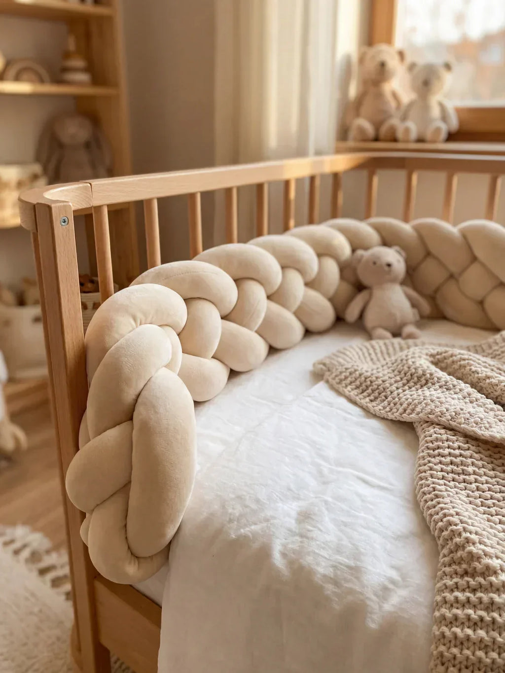 Woven Cotton Crib Liner, 4-Strand Braided Rail Guard for Nursery