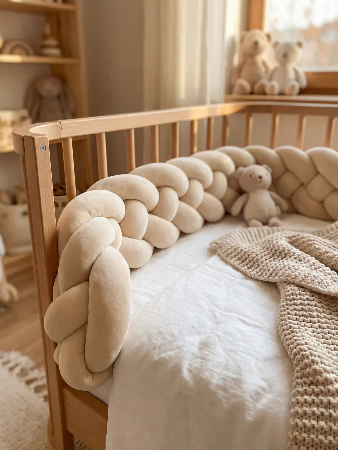 Woven Cotton Crib Liner, 4-Strand Braided Rail Guard for Nursery