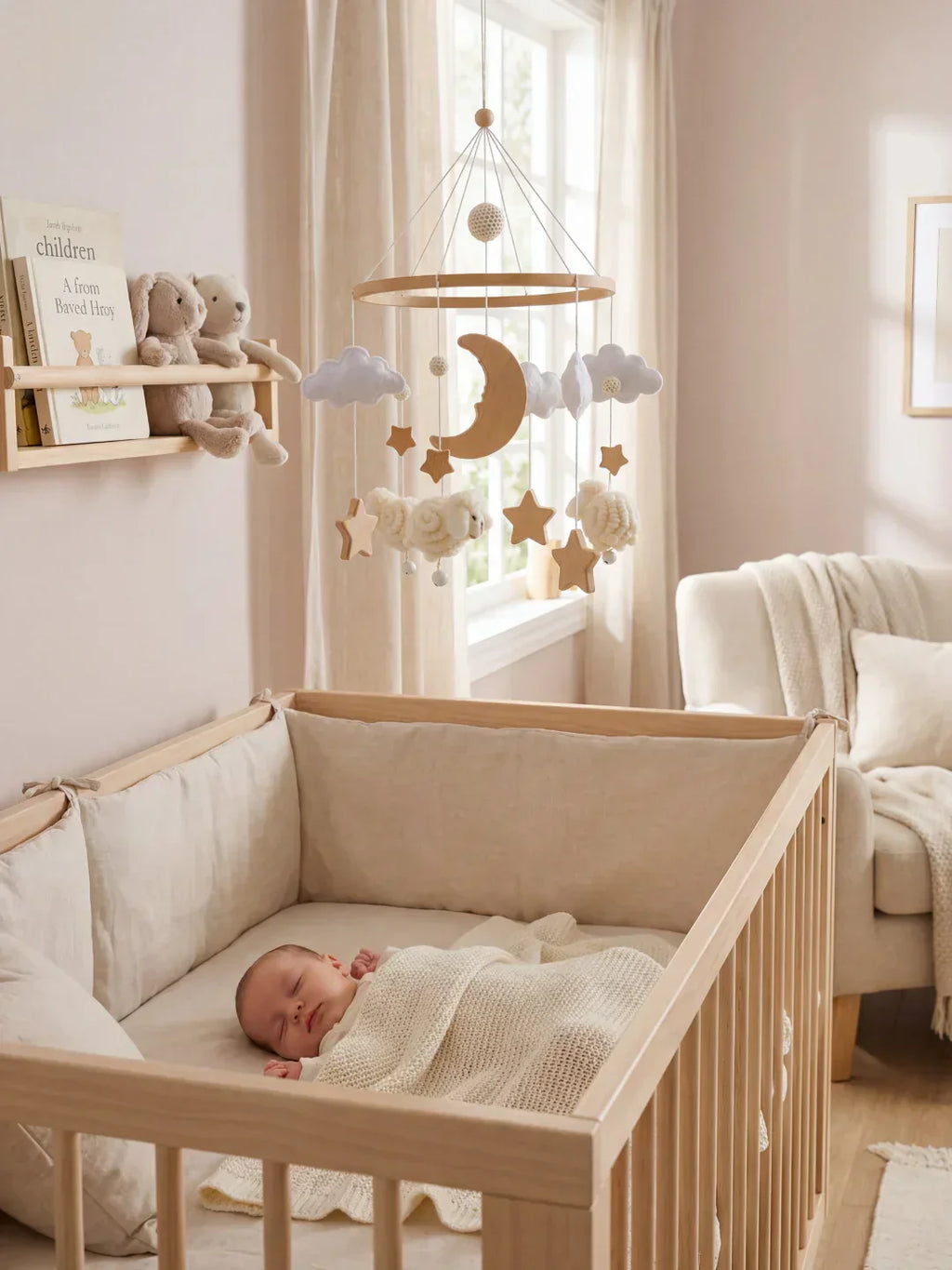Mobile in legno per lettino con pecorelle, per giochi sensoriali e sonno
