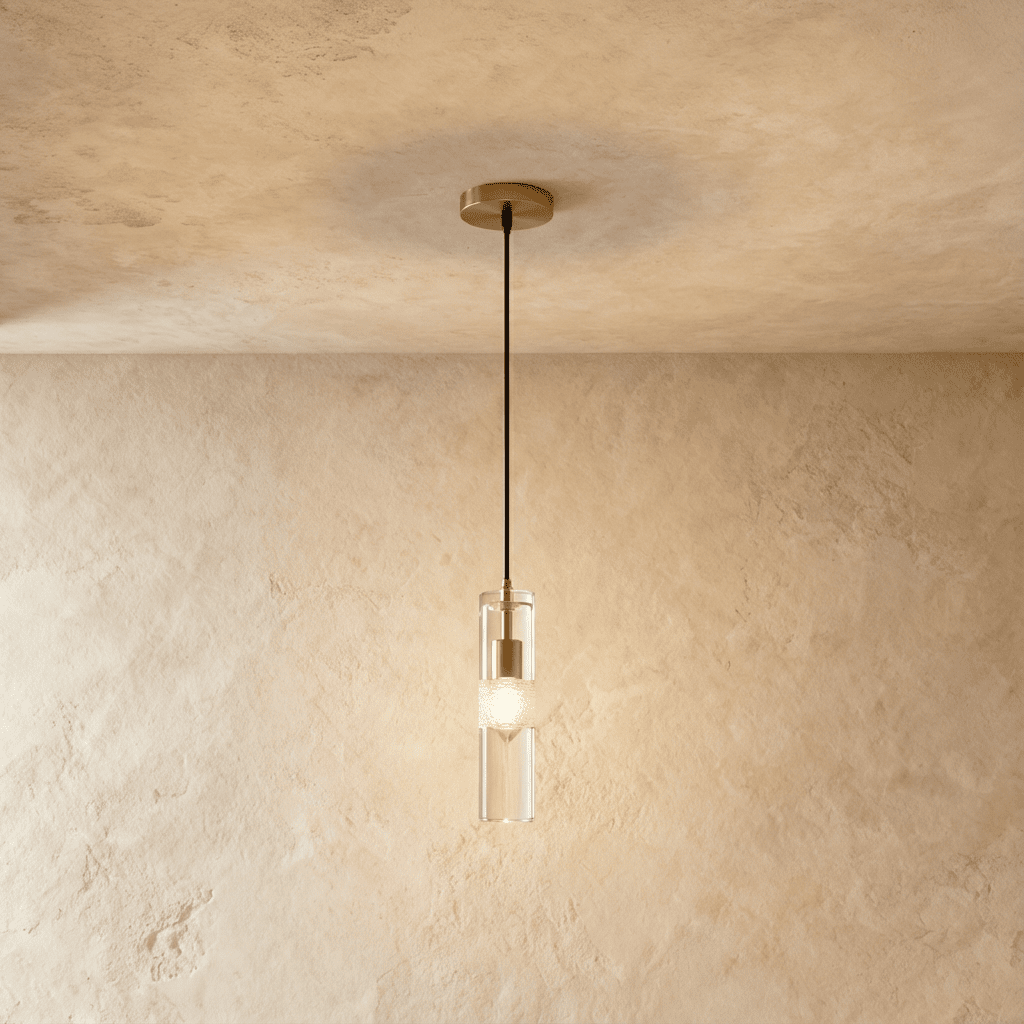 Lampa wisząca Aura Crystal w kształcie cylindra z żelaza i mosiądzu