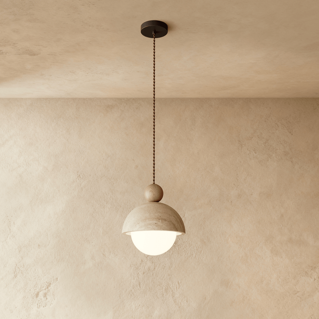 Lampa wisząca Solara Dome z trawertynu z akcentem z orzecha włoskiego