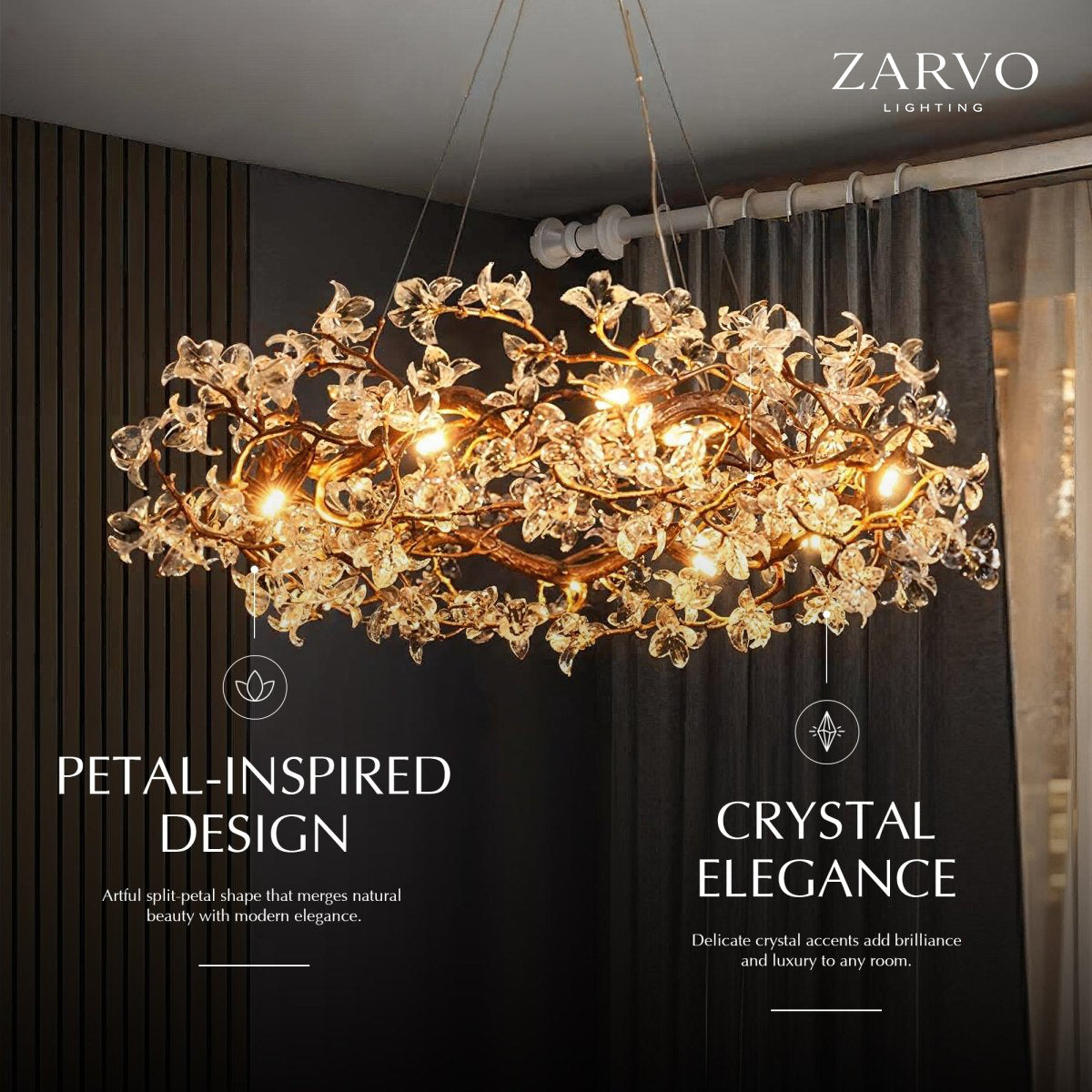 Petalwave Crystal Brass Chandelier With Split Petal Design