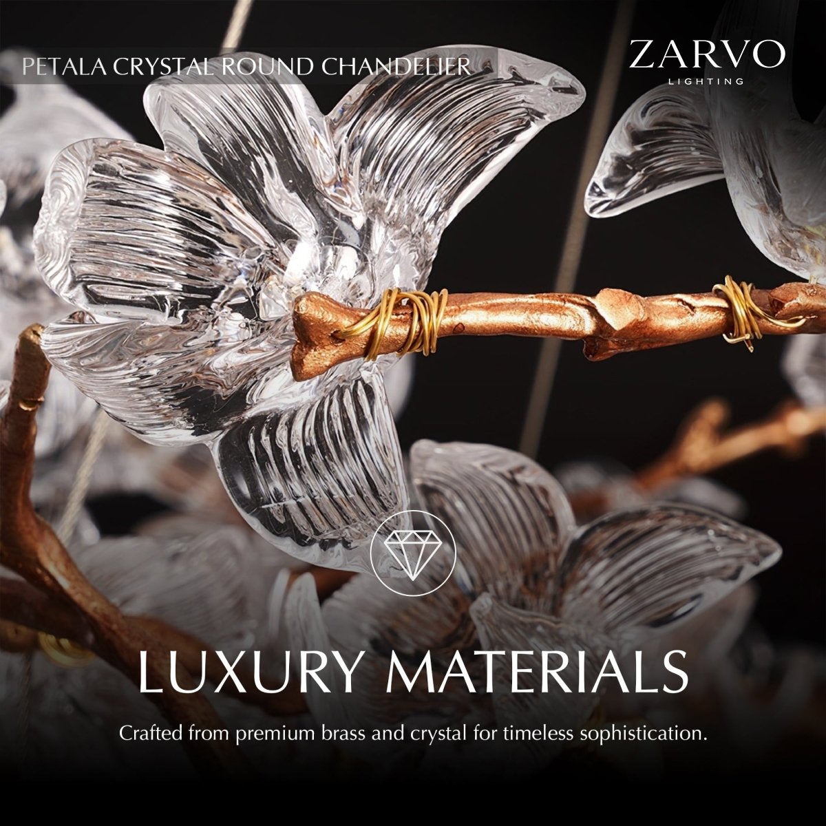 Petalwave Crystal Brass Chandelier With Split Petal Design