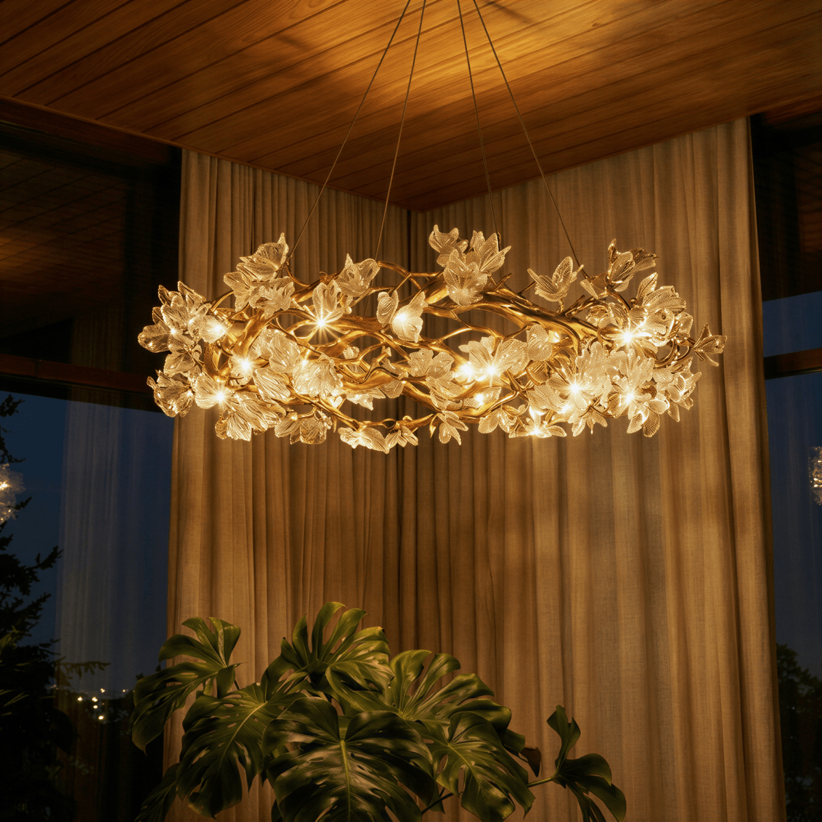 Petalwave Crystal Brass Chandelier With Split Petal Design