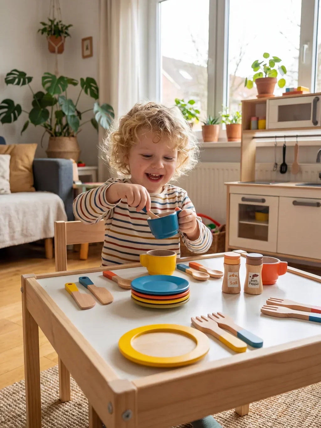 Træmiddagsservicesæt til rolleleg for babyer og småbørn | Fioriscas