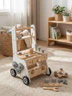 Trotteur pousseur pour bébé en bois avec établi, 2-en-1 | Fioriscas